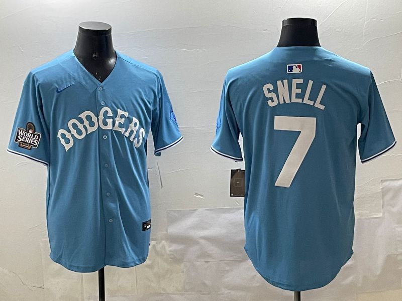 Men Los Angeles Dodgers 7 Snell Light Blue Joint Name 2025 Nike MLB Jersey style 3